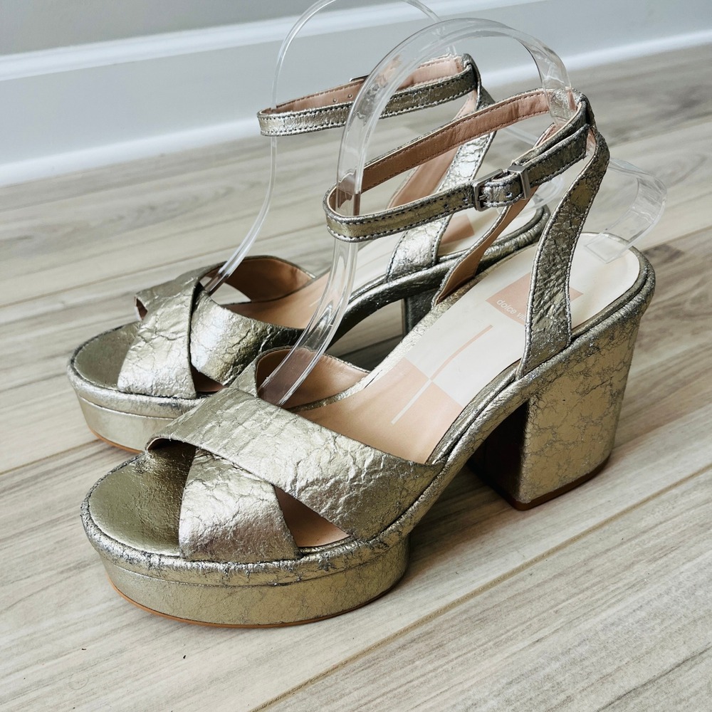 Dolce Vita Laisha Platform Sandal Metallic Glam Platinum 9 Block Heel Scuffed